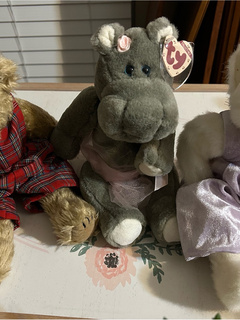 Ty Gray Hippo Plush with Pink Tulle Tutu cat and bear
